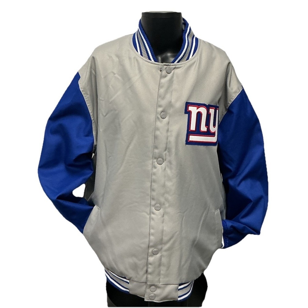 NFL Team Apparel New York Giants Varsity Jacket Grey Blue Mens 2XL Snap Front